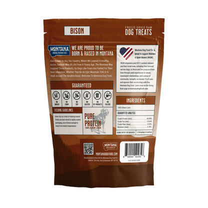 Trail Snacks: Freeze-Dried Raw Dog Treats,"Back view of brown resealable treat pouch with barcode and ingredient panel"