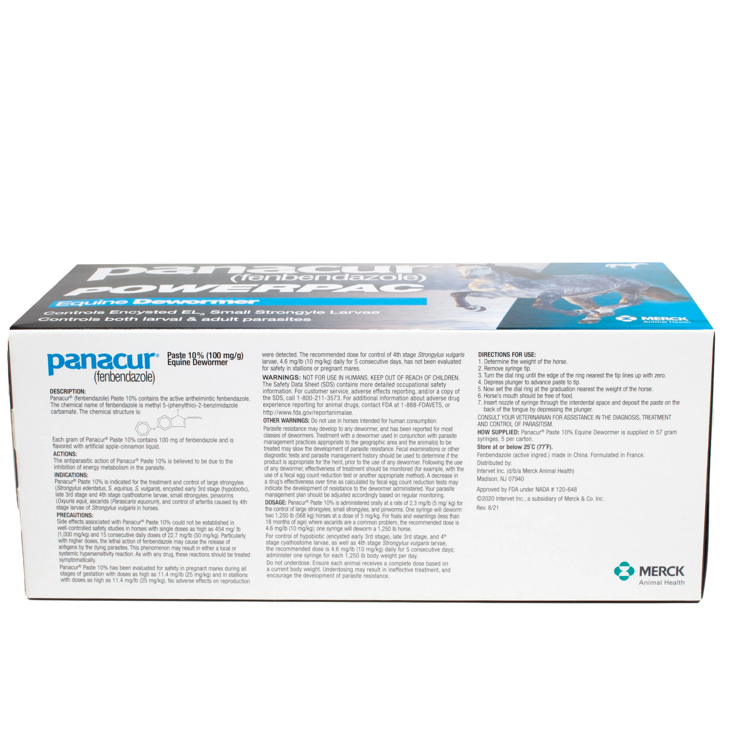 Panacur® PowerPac Paste Horse Dewormer,"Rectangular dewormer box with horse image and side panel text"
