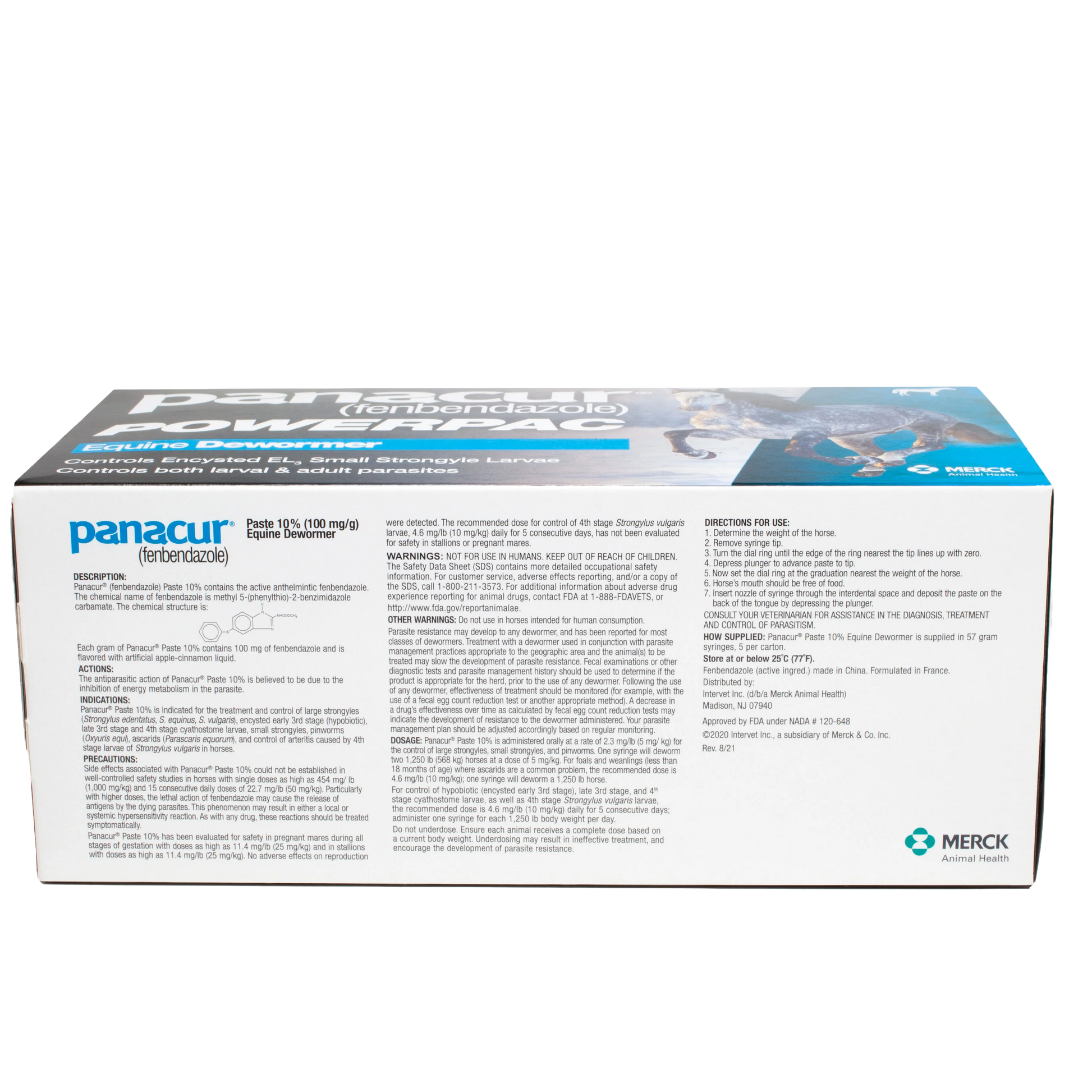 Panacur® PowerPac Paste Horse Dewormer,"Rectangular dewormer box with horse image and side panel text"