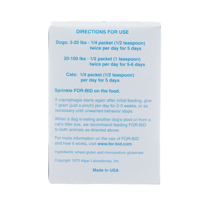 "For-Bid™ for Dogs, Cats, and Horses","Back of box with directions panel"