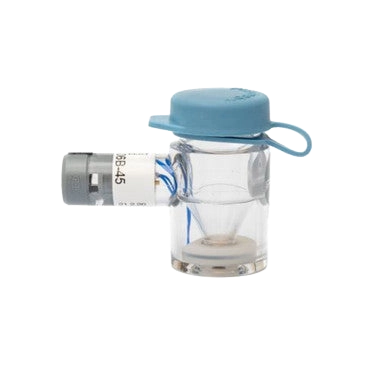 Flexineb® Medium Medication Cup,"Clear medication cup with blue cap and side connector"