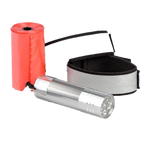 Day/Night Walking Bag,"Orange waste bag roll with silver flashlight and gray wrist strap"