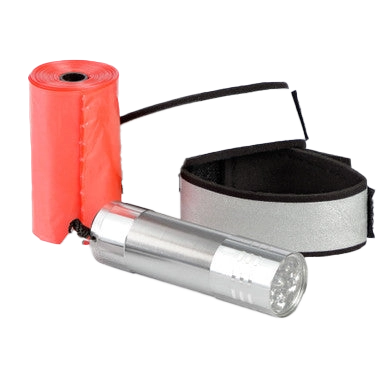 Day/Night Walking Bag,"Orange waste bag roll with silver flashlight and gray wrist strap"