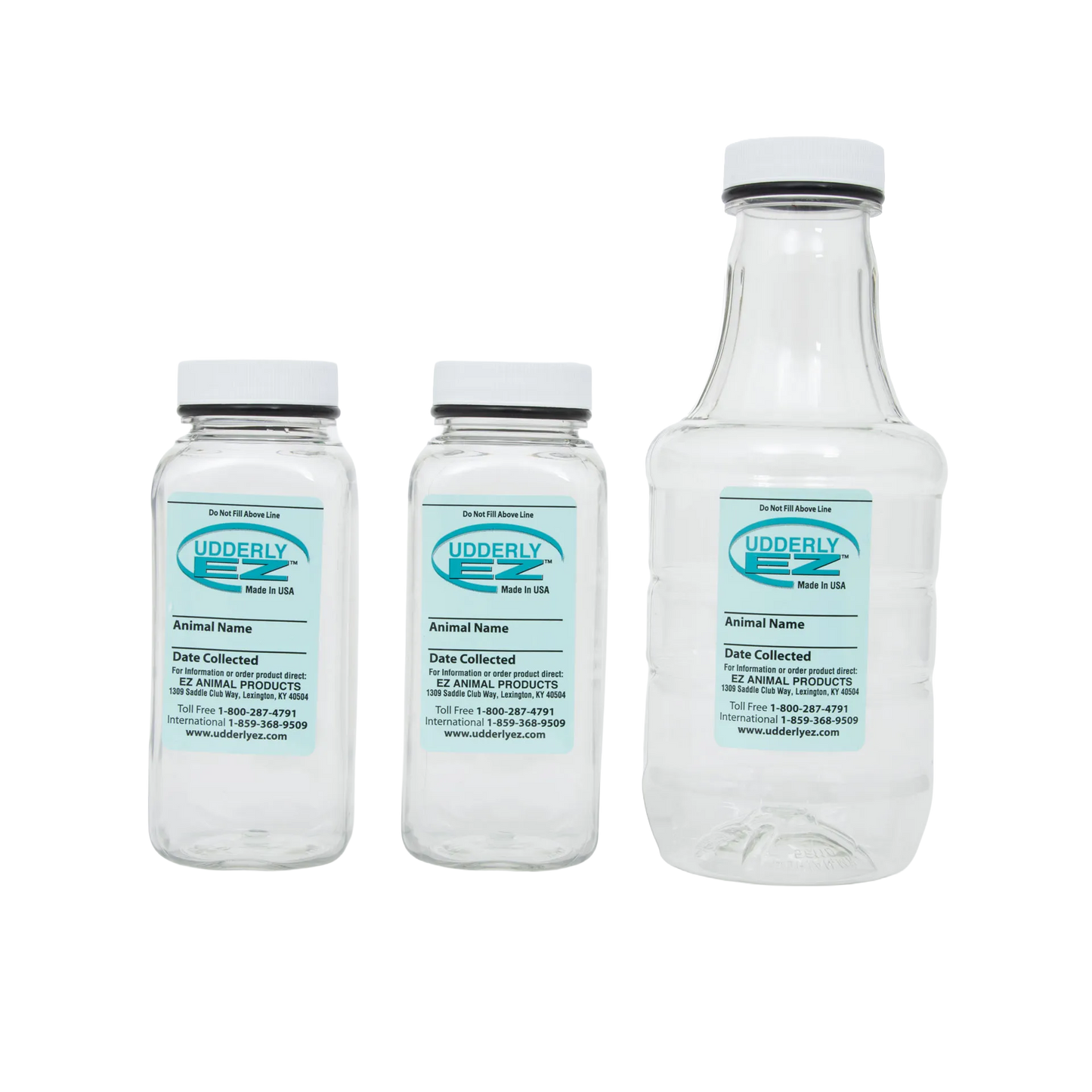 Udderly EZ Horse Milker,"Three clear plastic collection bottles with white caps"