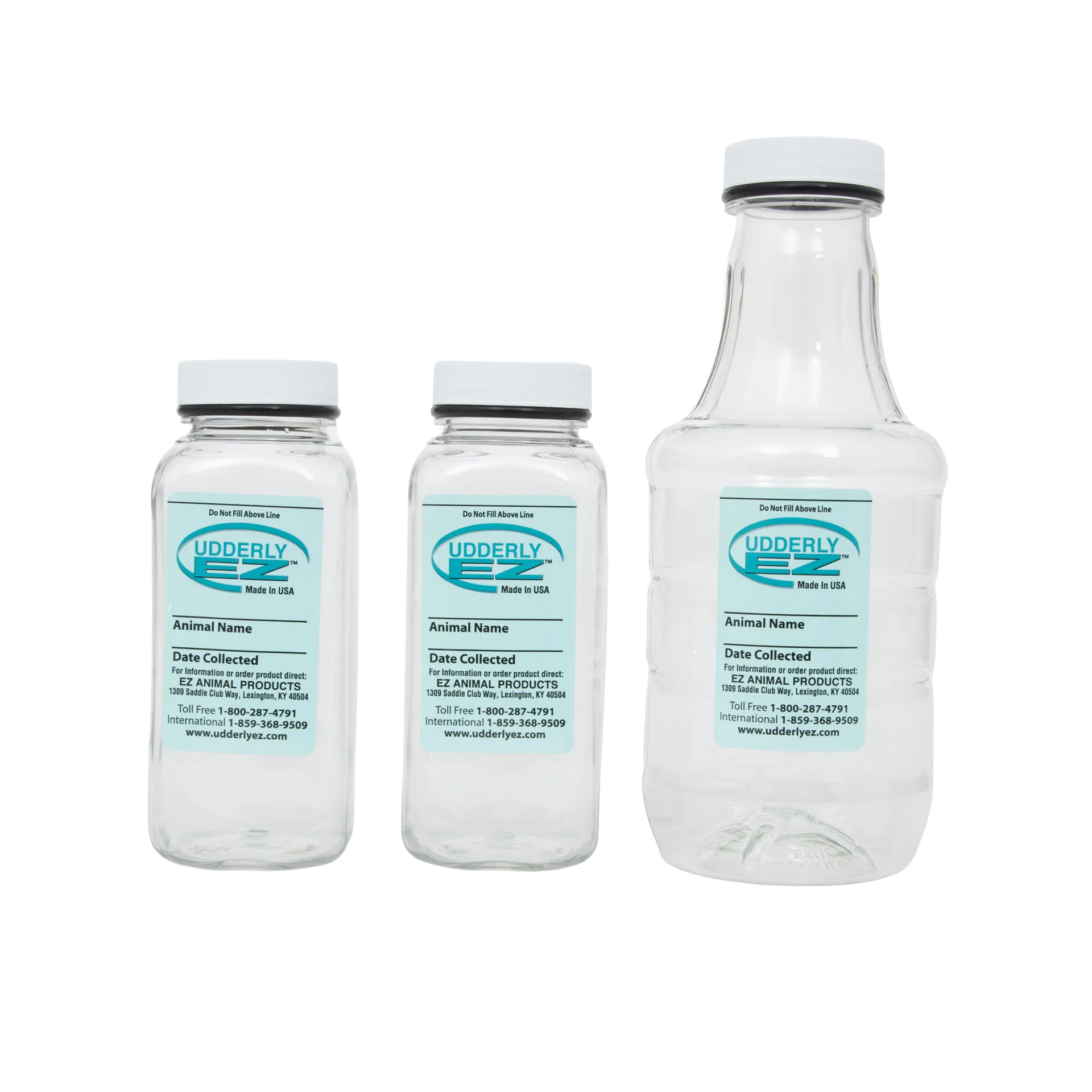 Udderly EZ Horse Milker,"Three clear plastic collection bottles with white caps"