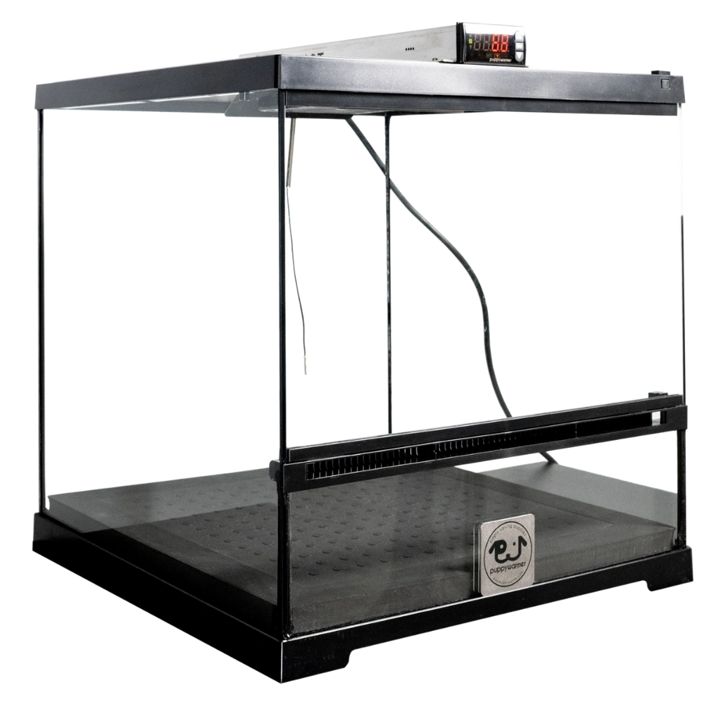 Puppywarmer® Puppy Incubator,"Glass-sided incubator with black frame and top digital control"