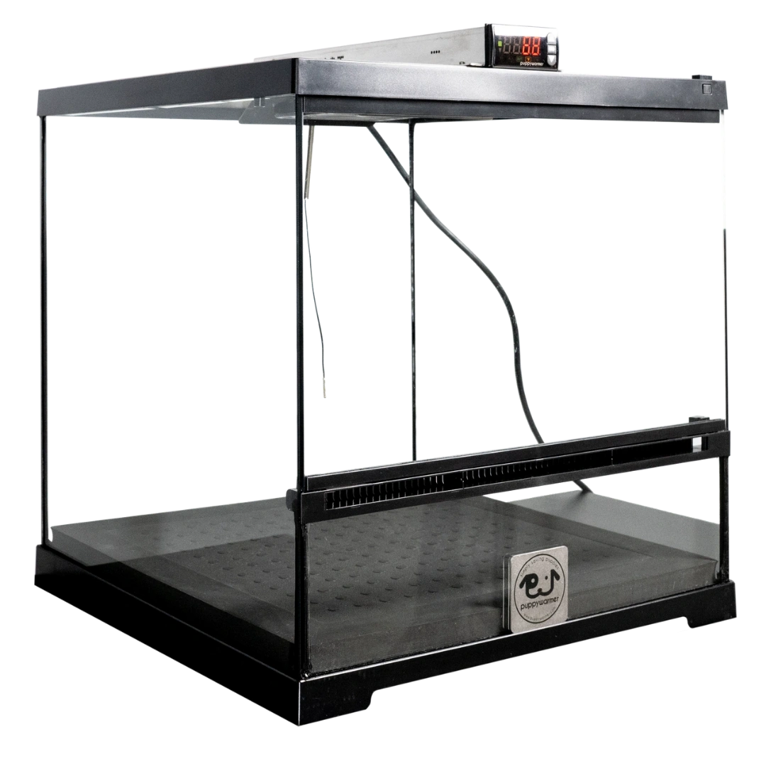 Puppywarmer® Puppy Incubator,"Glass-sided incubator with black frame and top digital control"