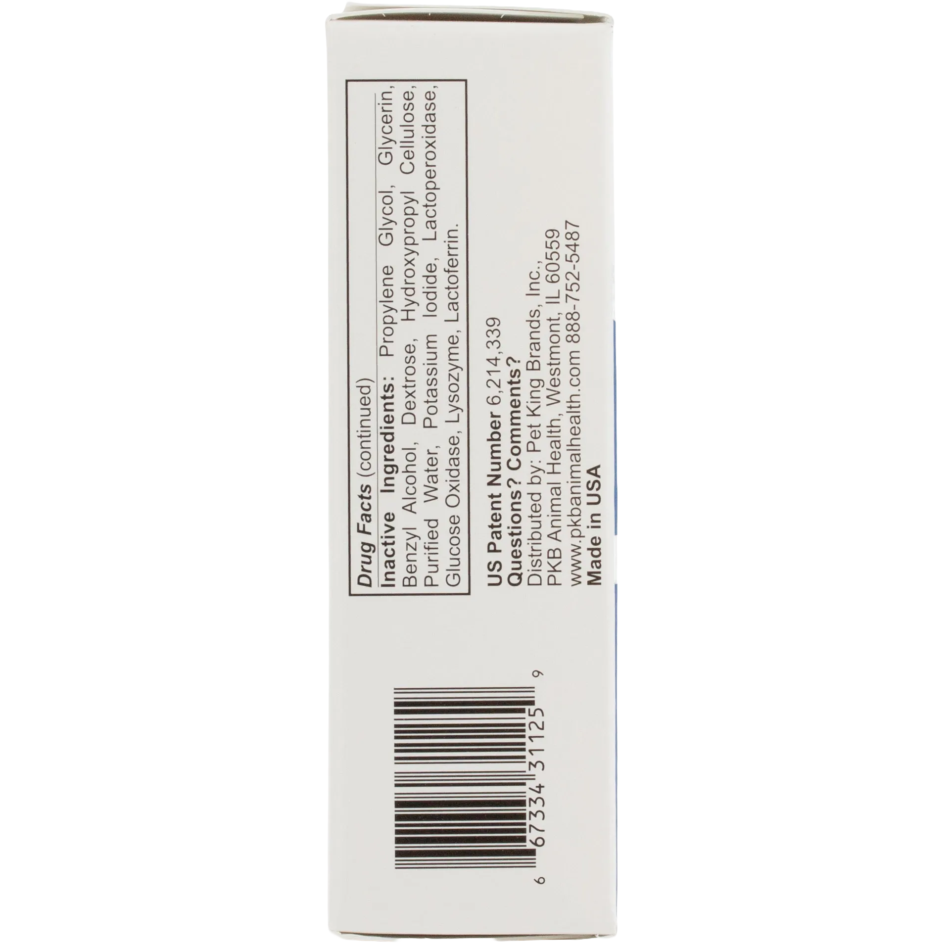 Zymox® Otic HC 1.0% Enzymatic Solution,"Side view of product box with ingredients panel and barcode"