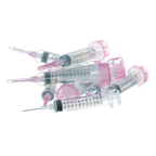 12cc Syringes with 18 gauge Needles,"Five clear syringes with pink needle caps and hubs"