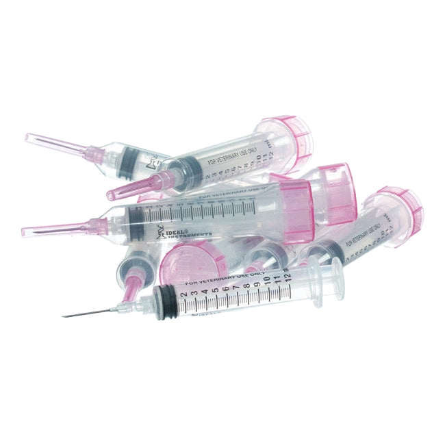 12cc Syringes with 18 gauge Needles,"Five clear syringes with pink needle caps and hubs"