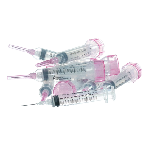 12cc Syringes with 18 gauge Needles,"Five clear syringes with pink needle caps and hubs"