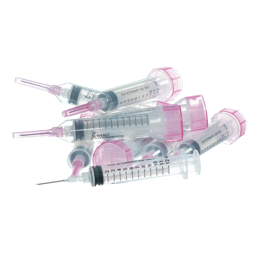 12cc Syringes with 18 gauge Needles,"Five clear syringes with pink needle caps and hubs"
