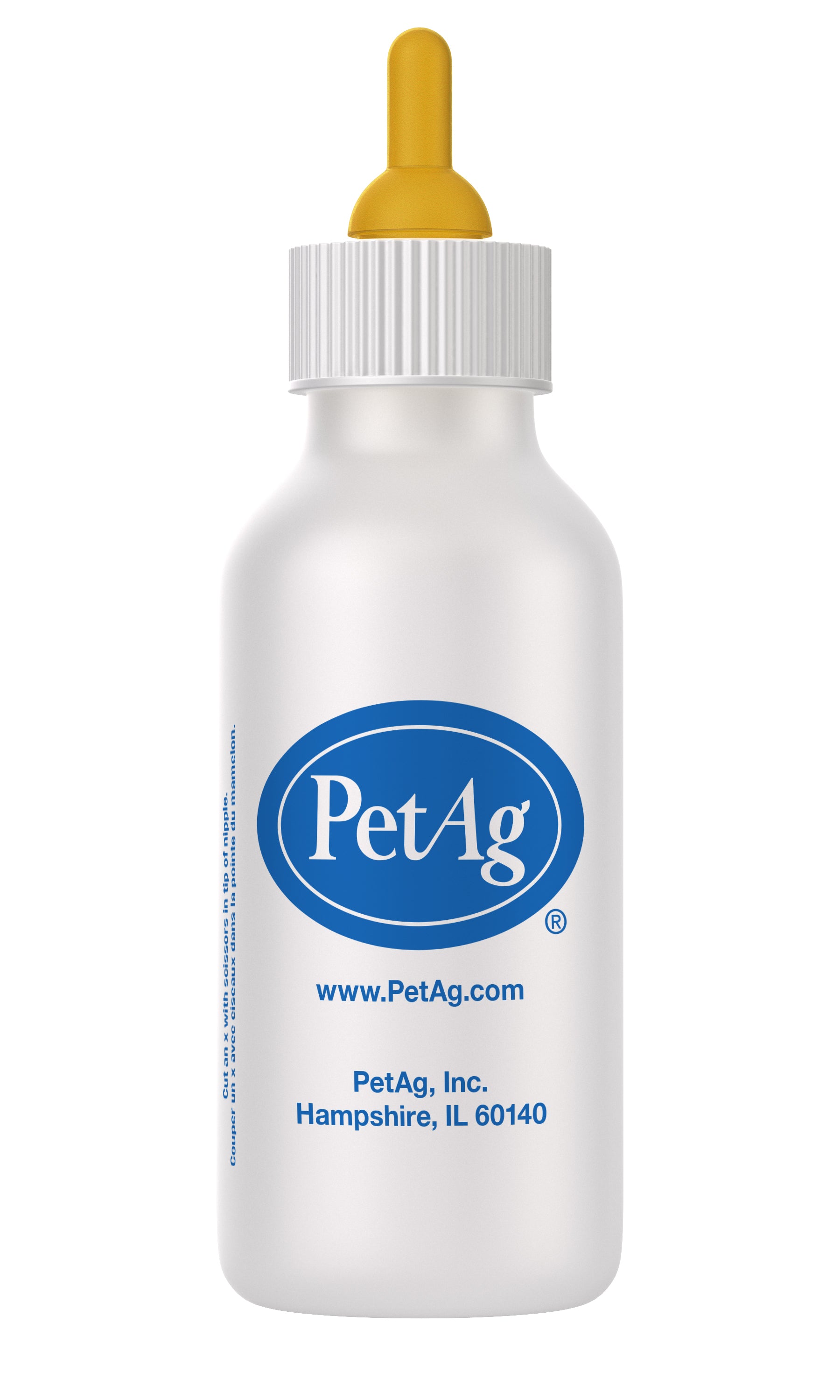 PetAg Nurser Bottle for Small Animals,"White feeding bottle with yellow nipple and ribbed screw cap"
