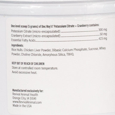 Doc Roy's® Potassium Citrate Cranberry,"White plastic tub with back label"