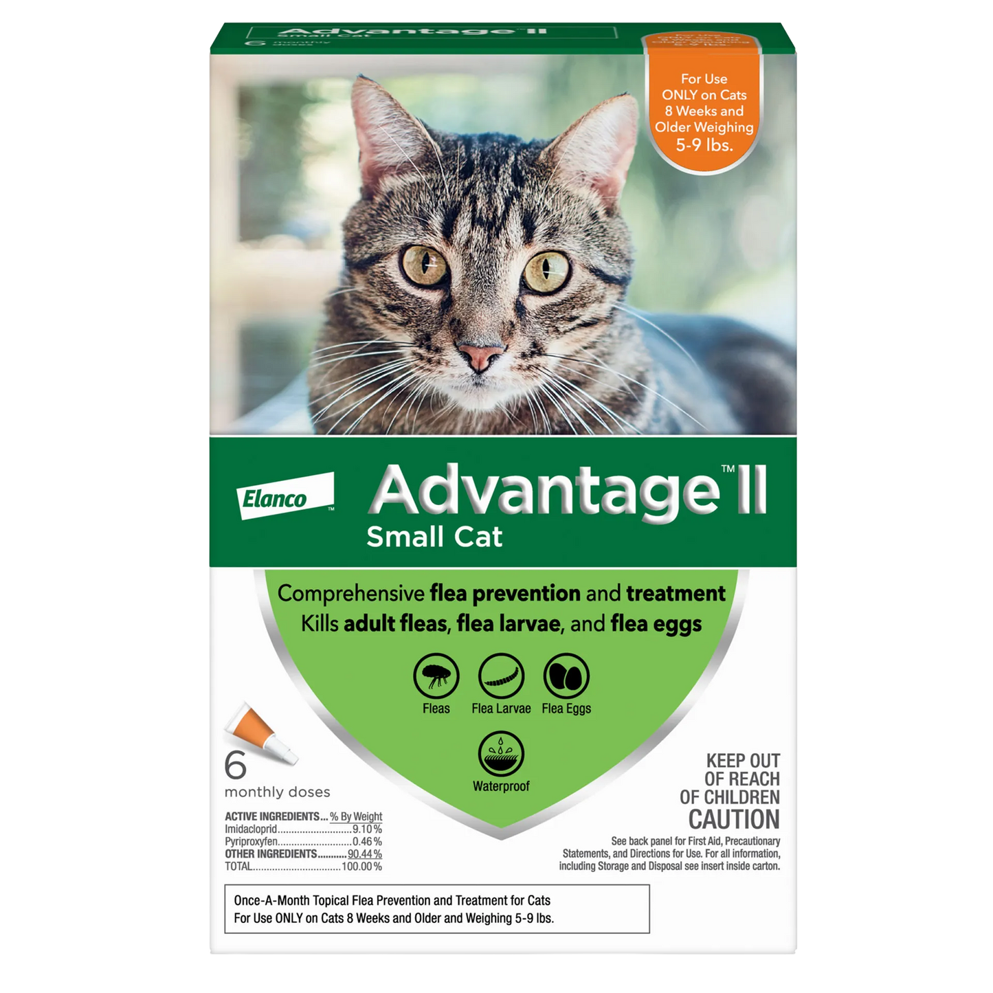 Advantage™ II for Cats,"Front of product box with tabby cat photo and orange weight badge"