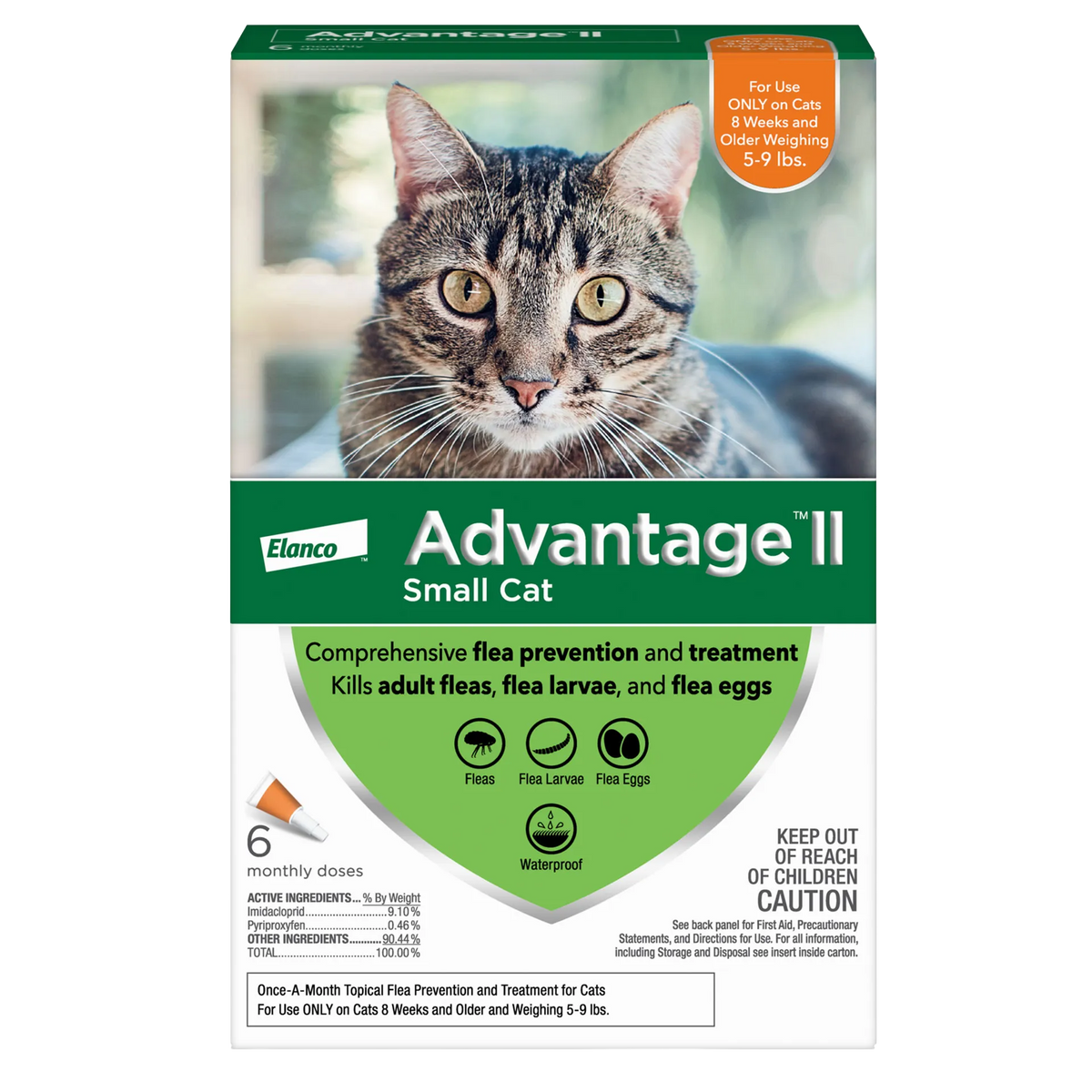 Advantage™ II for Cats,"Front of product box with tabby cat photo and orange weight badge"