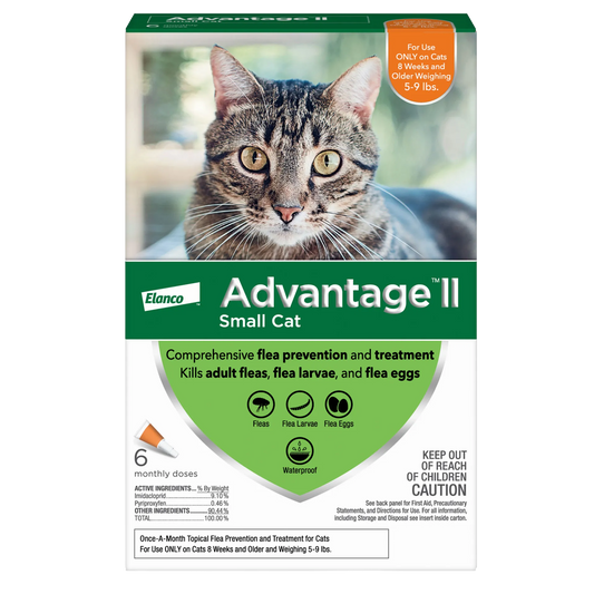 Advantage™ II for Cats,"Front of product box with tabby cat photo and orange weight badge"