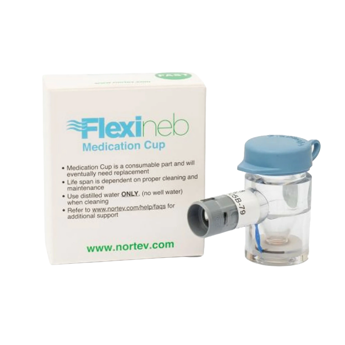 Flexineb® Medium Medication Cup,"Clear medication cup with blue cap and box"