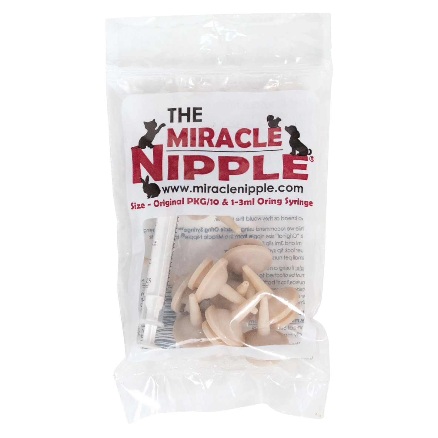 The Miracle Nipple® for Kittens, Puppies, and Small Mammals,"Clear pouch with feeding nipples and syringe"