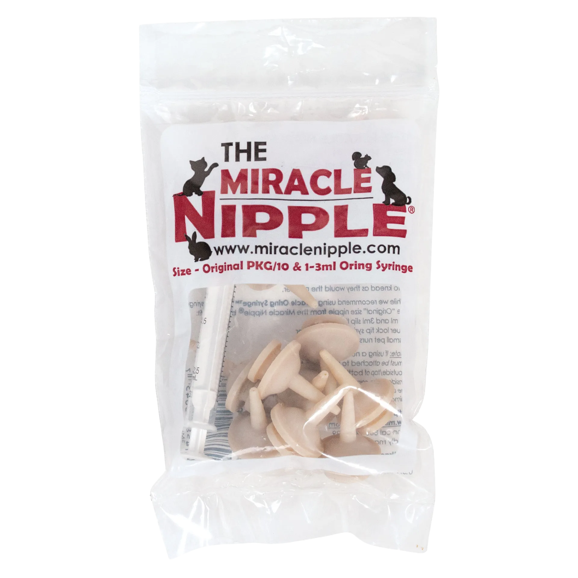 The Miracle Nipple® for Kittens, Puppies, and Small Mammals,"Clear pouch with feeding nipples and syringe"