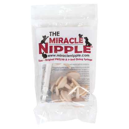 The Miracle Nipple® for Kittens, Puppies, and Small Mammals,"Clear pouch with feeding nipples and syringe"