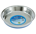 Shallow Heavy Pet Dishes,"Shallow stainless steel pet dish with blue rubber base"