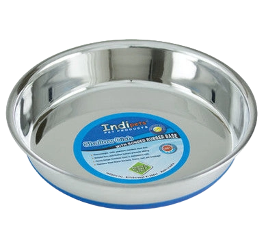 Shallow Heavy Pet Dishes,"Shallow stainless steel pet dish with blue rubber base"