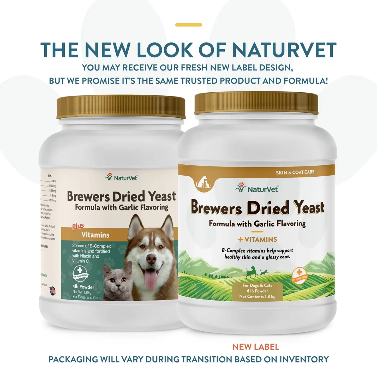Brewers Dried Yeast Formula with Garlic Flavoring,"Two white plastic jars showing old and new label packaging"