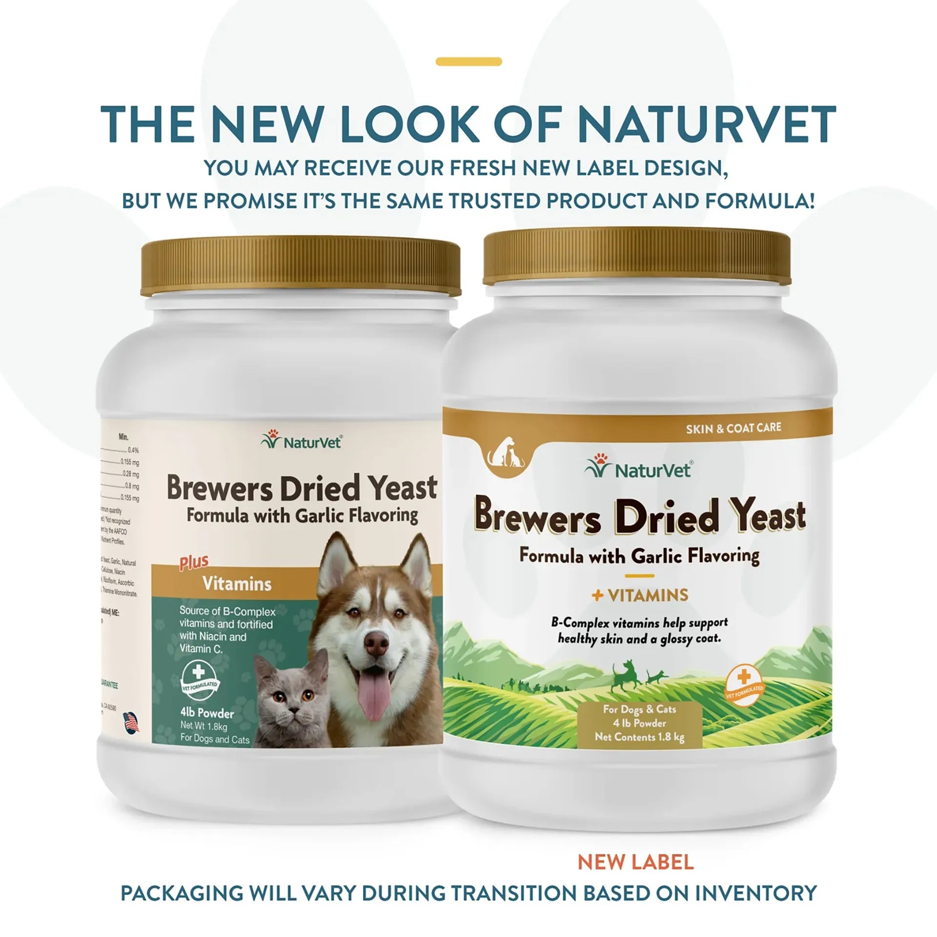 Brewers Dried Yeast Formula with Garlic Flavoring,"Two white plastic jars showing old and new label packaging"