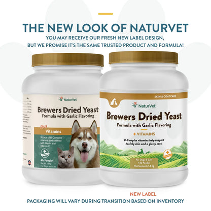 Brewers Dried Yeast Formula with Garlic Flavoring,"Two white plastic jars showing old and new label packaging"