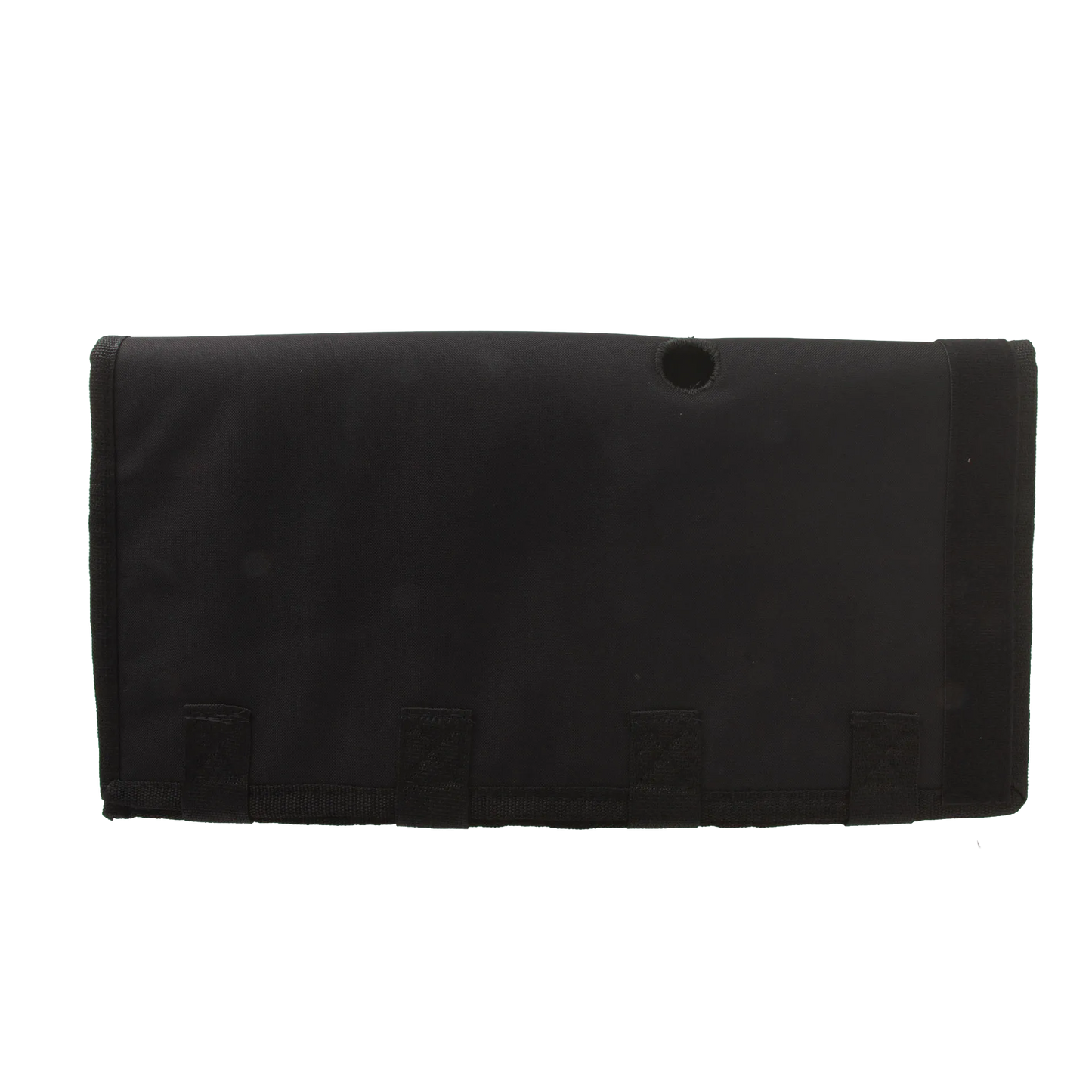 Neoprene AV Cover,"Black rectangular cover with circular opening and bottom tabs"