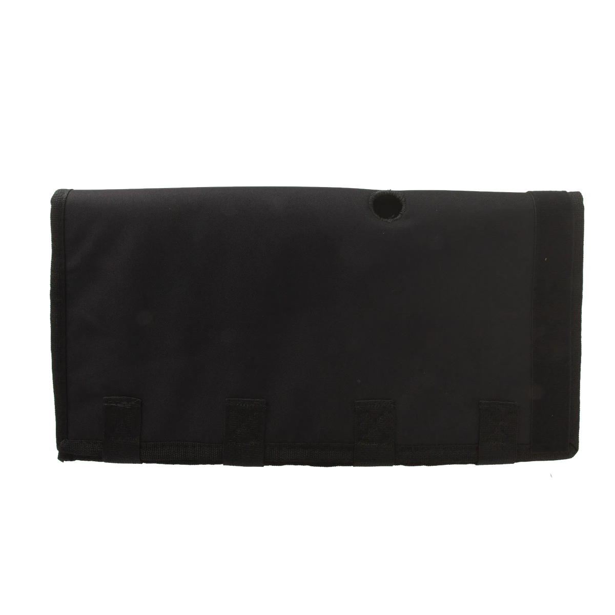 Neoprene AV Cover,"Black rectangular cover with circular opening and bottom tabs"