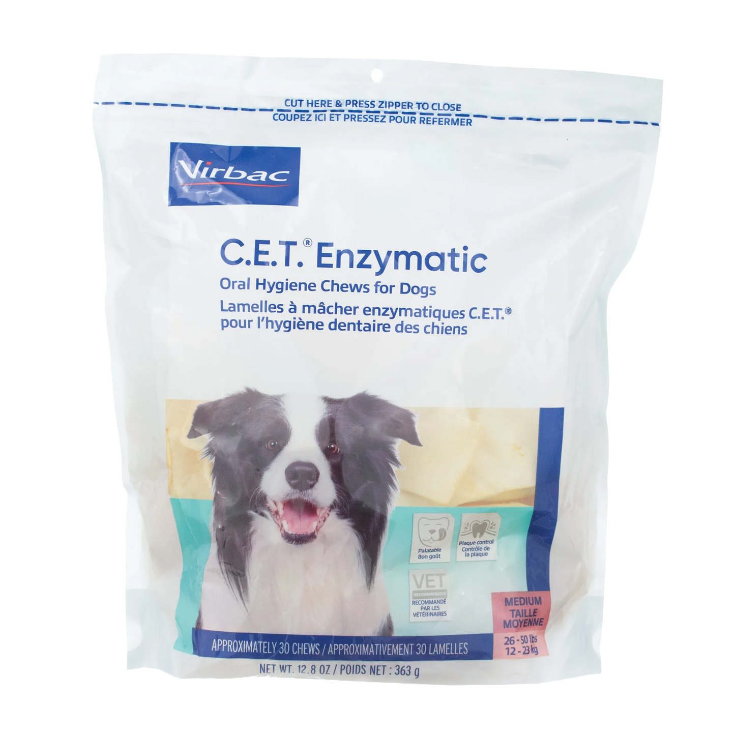 C.E.T.® Enzymatic Oral Hygiene Chews for Dogs,"Front view of resealable dog dental chew bag with dog image"
