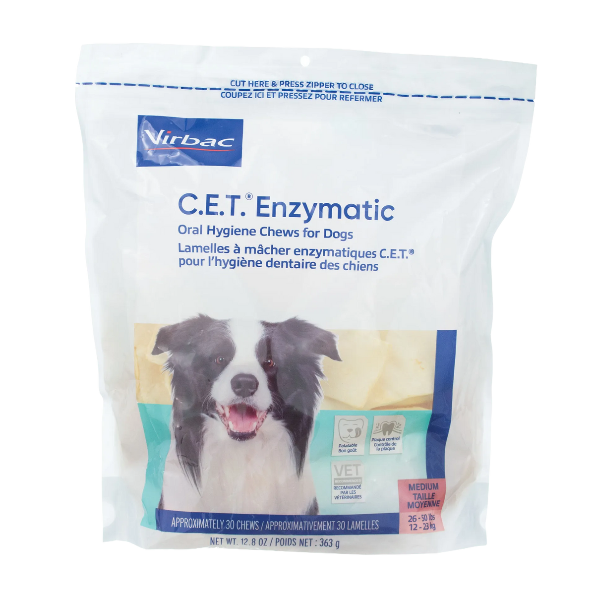 C.E.T.® Enzymatic Oral Hygiene Chews for Dogs,"Front view of resealable dog dental chew bag with dog image"