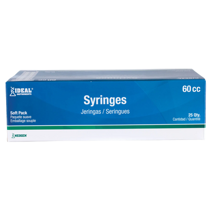 Large Syringes without Needles,"Blue and white syringe box front packaging view"