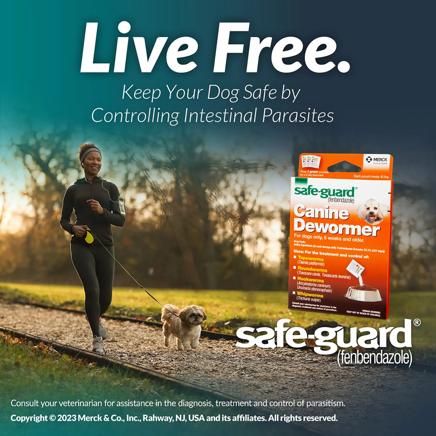 Safe-Guard® Canine Dewormer for Dogs,"Dewormer box beside woman walking a small dog"