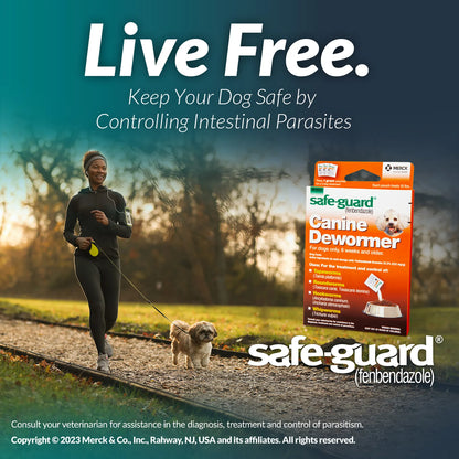 Safe-Guard® Canine Dewormer for Dogs,"Dewormer box beside woman walking a small dog"