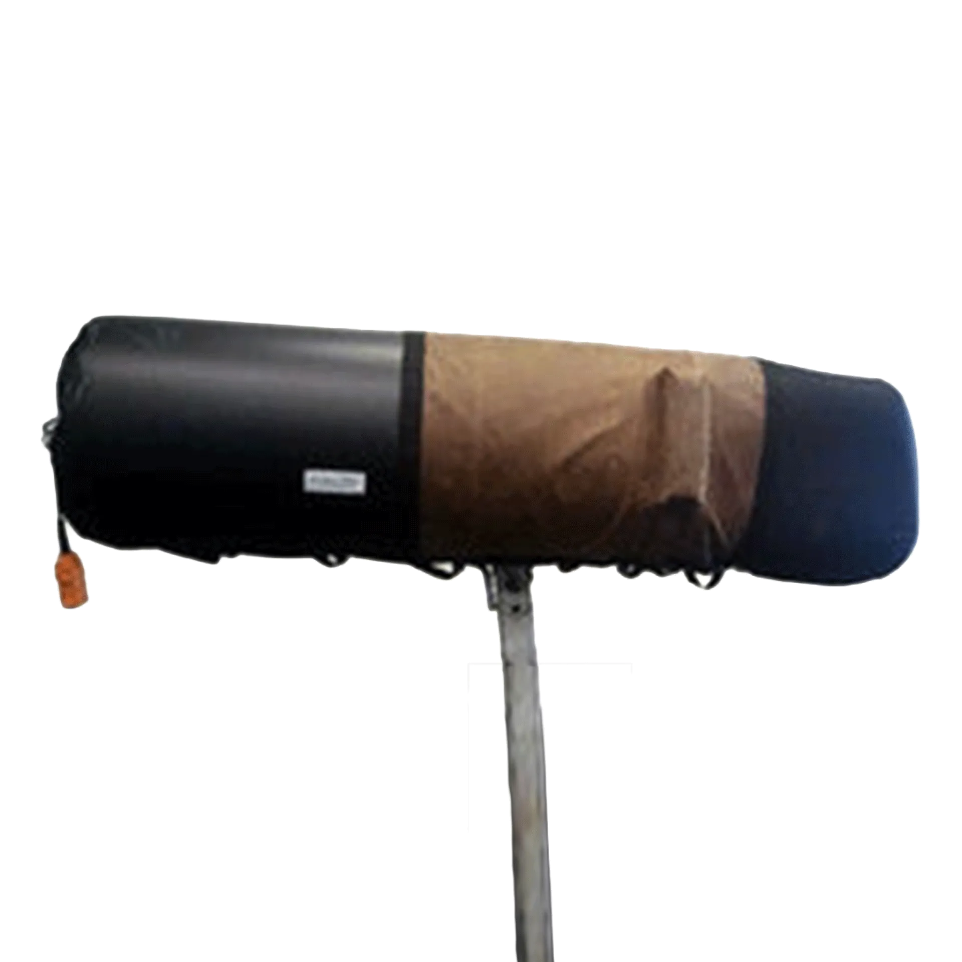 Leather Blanket with Hips and HOOD,"Rolled dark blanket with brown hood panel and hanging strap"