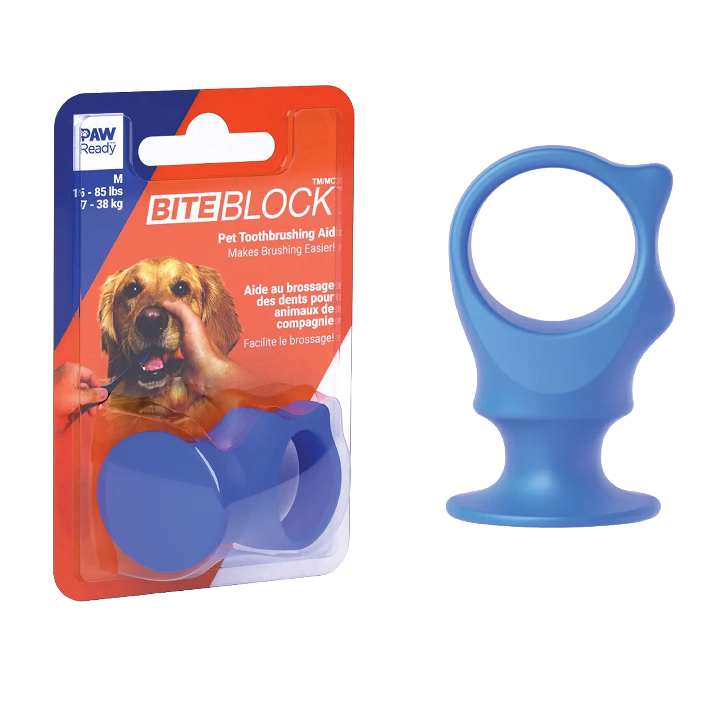 BrushMate Biteblock,"Blue ring-shaped pet bite block with retail packaging"