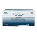 1cc VetriJec™ Syringes with 25 gauge Needles,"Box of syringes with one syringe shown in front"