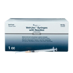 1cc VetriJec™ Syringes with 25 gauge Needles,"Box of syringes with one syringe shown in front"