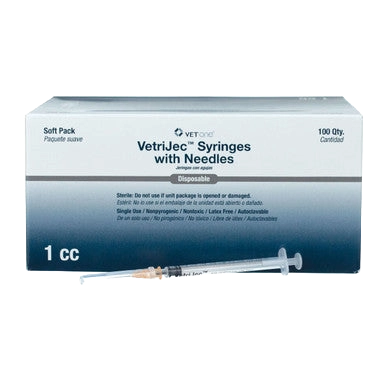 1cc VetriJec™ Syringes with 25 gauge Needles,"Box of syringes with one syringe shown in front"