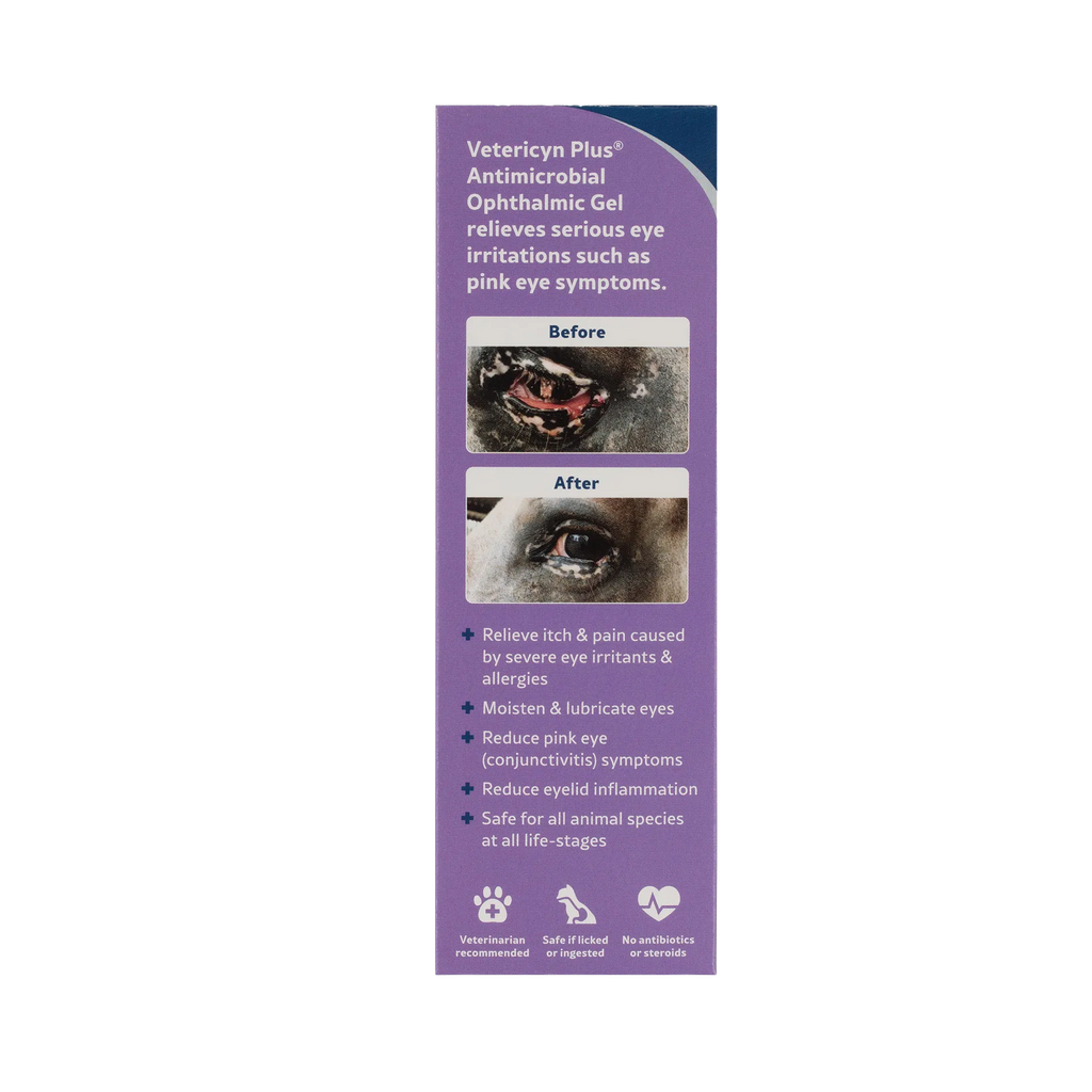 Vetericyn® Plus Animal Ophthalmic Gel,"Purple box side panel with before and after eye photos"