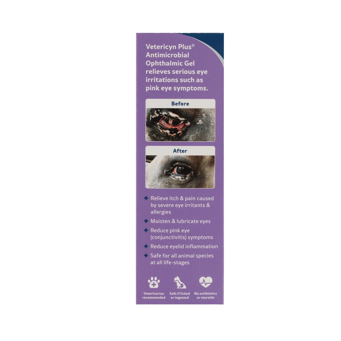 Vetericyn® Plus Animal Ophthalmic Gel,"Purple box side panel with before and after eye photos"