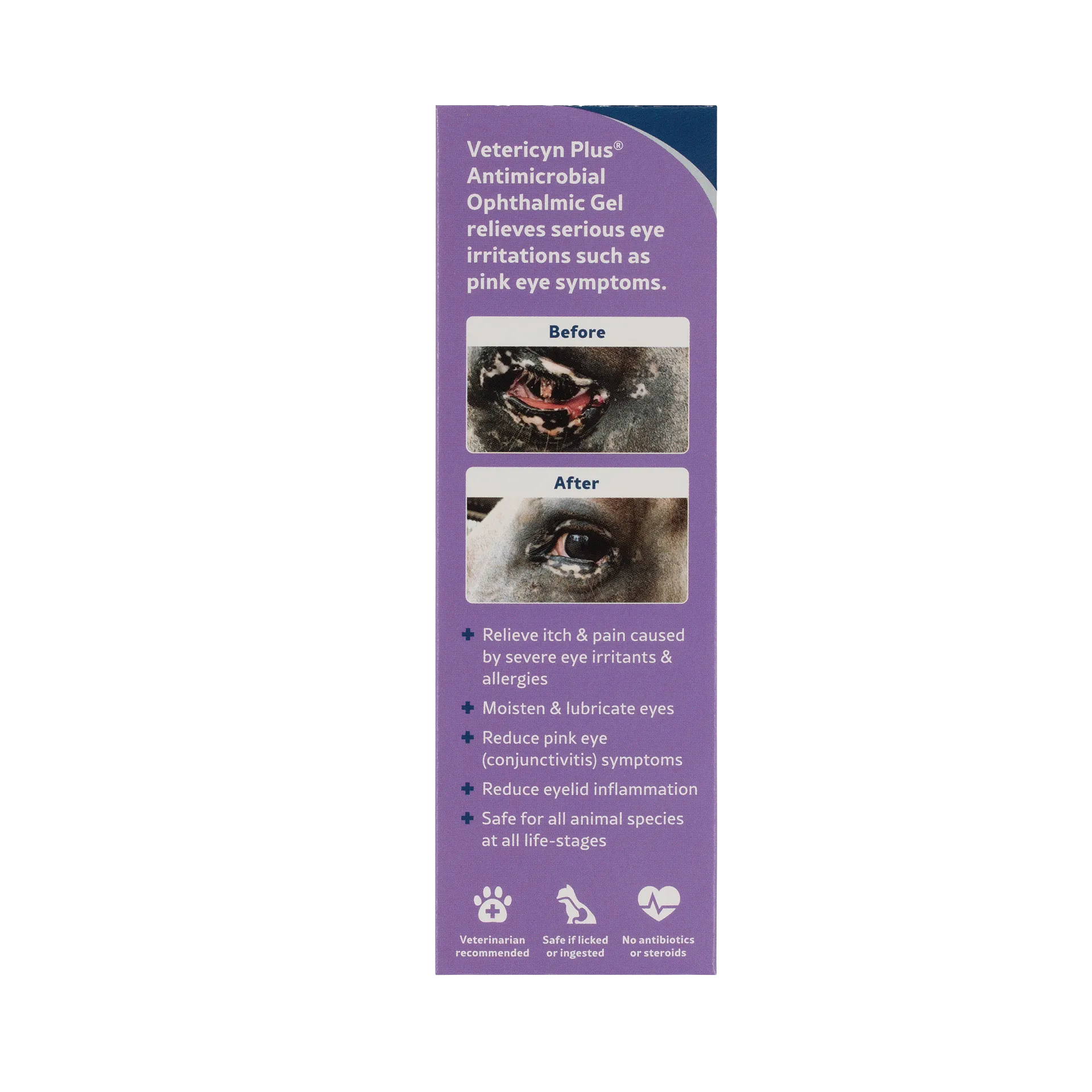 Vetericyn® Plus Animal Ophthalmic Gel,"Purple box side panel with before and after eye photos"