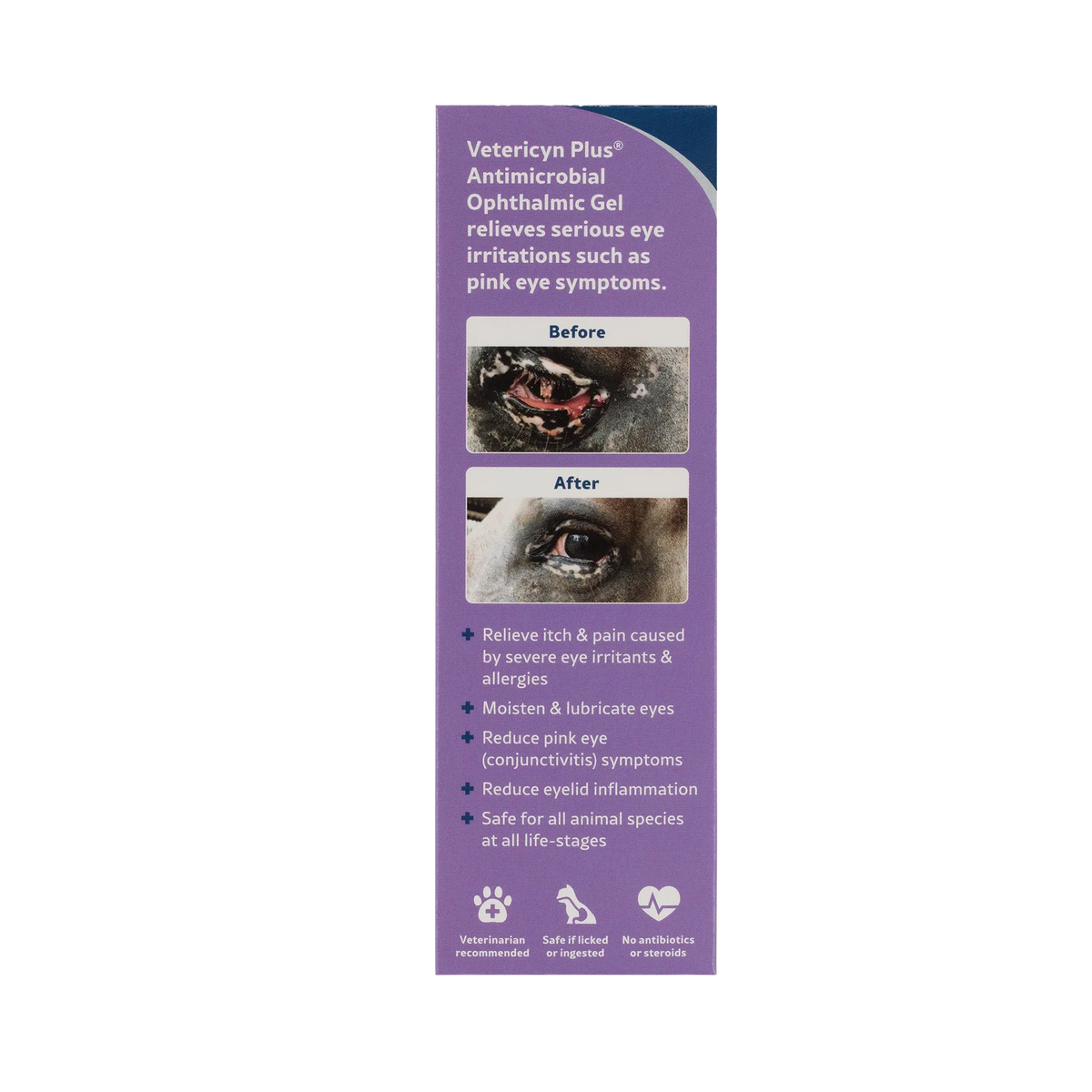 Vetericyn® Plus Animal Ophthalmic Gel,"Purple box side panel with before and after eye photos"
