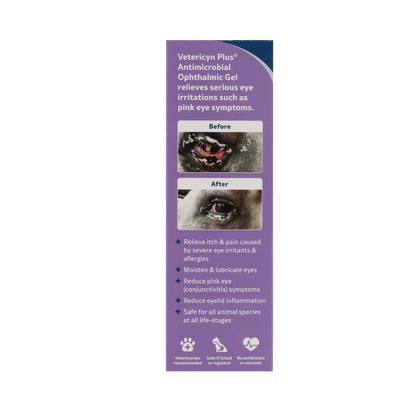 Vetericyn® Plus Animal Ophthalmic Gel,"Purple box side panel with before and after eye photos"