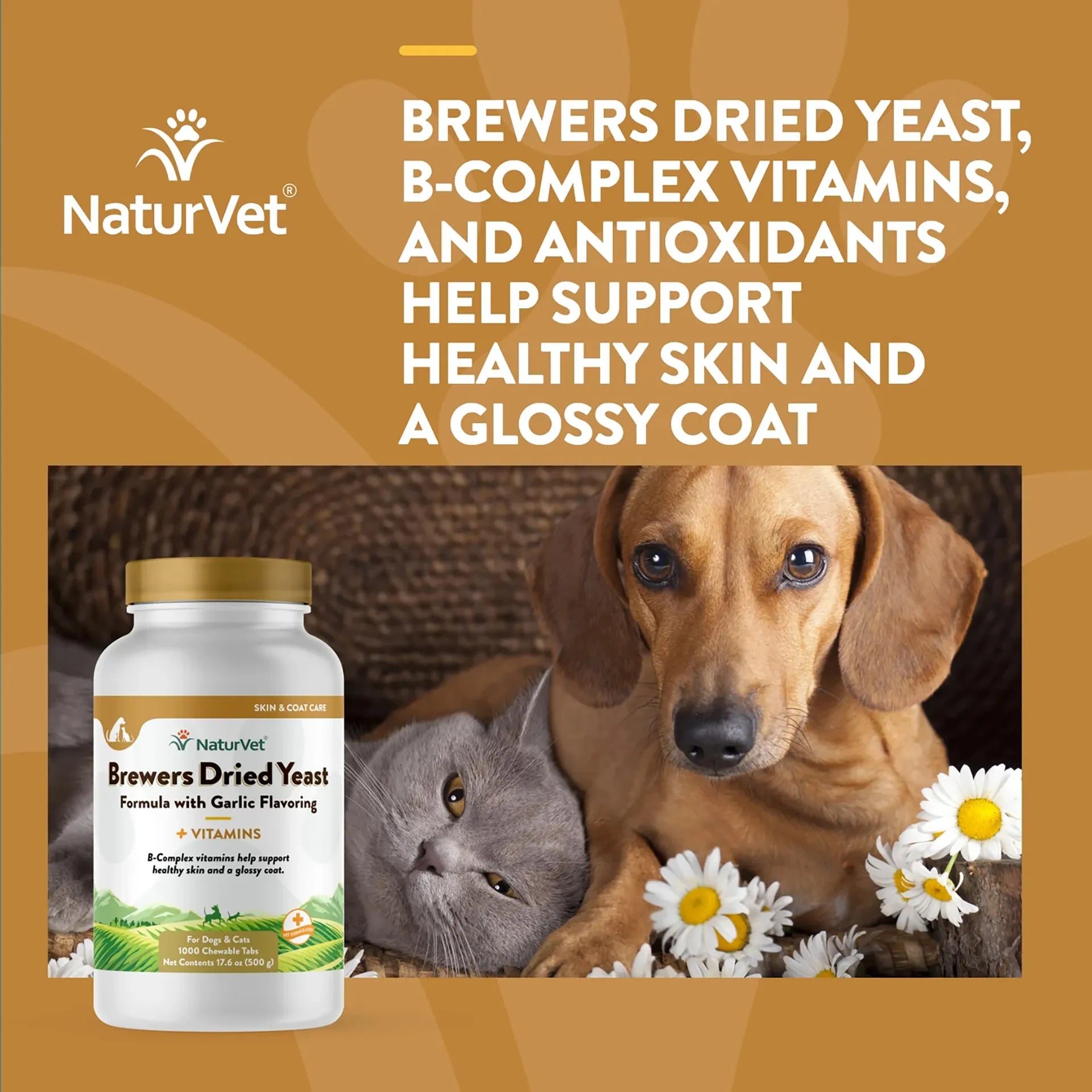 Brewers Dried Yeast Formula with Garlic Flavoring,"Supplement bottle with dog and cat beside white flowers"