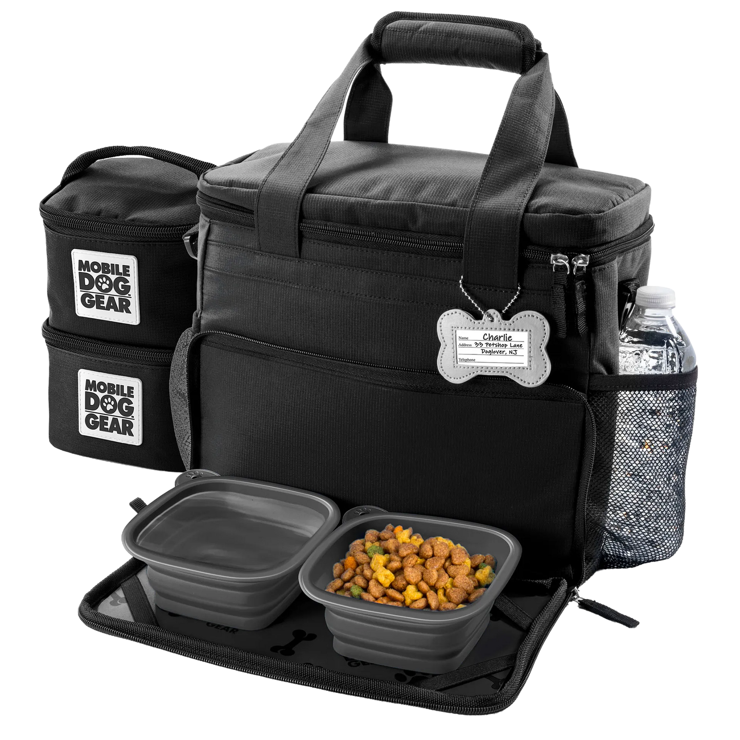 Week Away® Tote Bag,"Black pet travel tote with food containers, bowls, and bottle pocket"