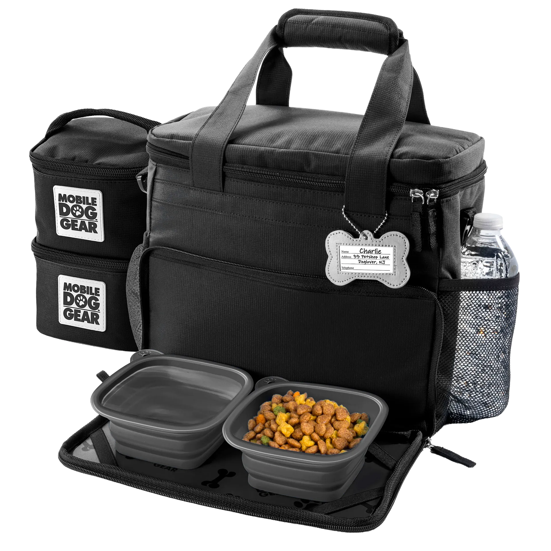 Week Away® Tote Bag,"Black pet travel tote with food containers, bowls, and bottle pocket"